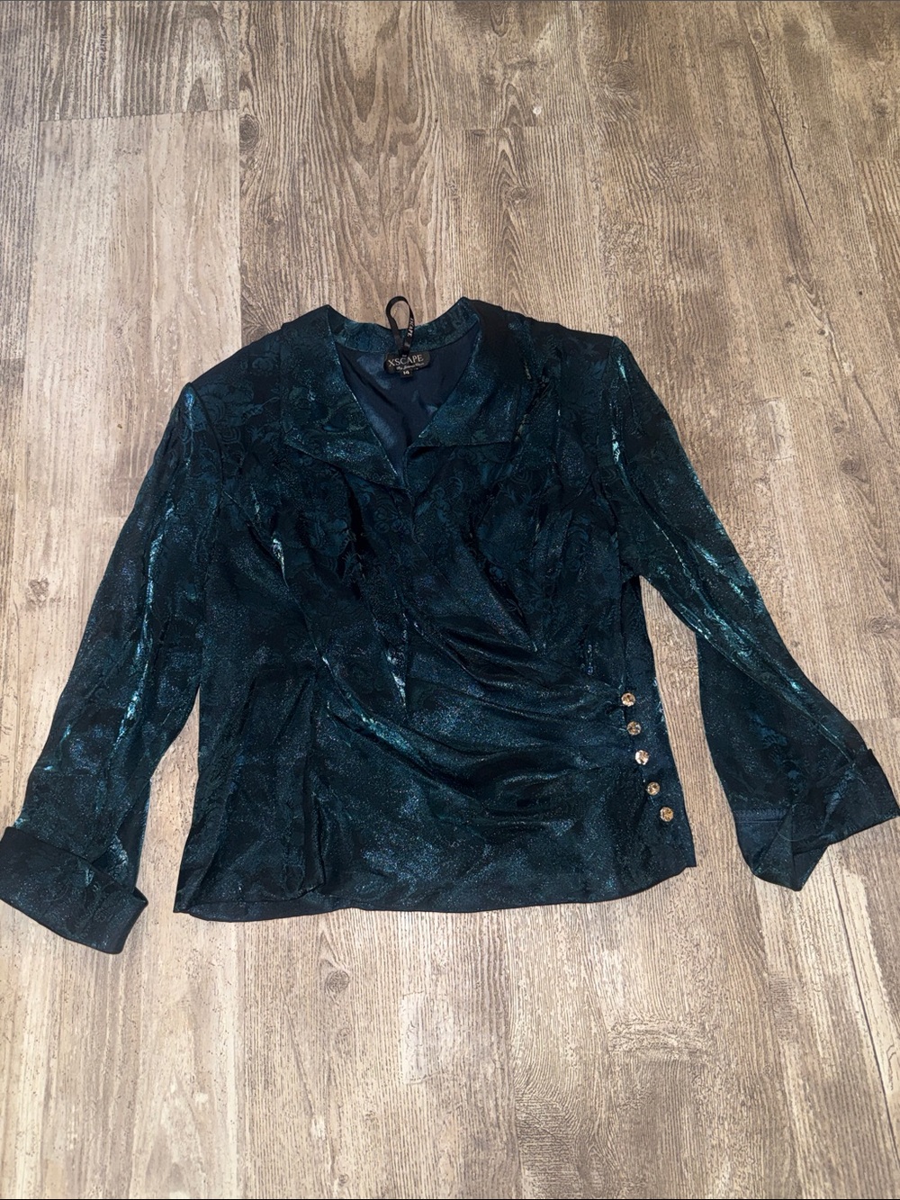Xscape Teal Shimmer Faux-Wrap Blouse with Side Buttons